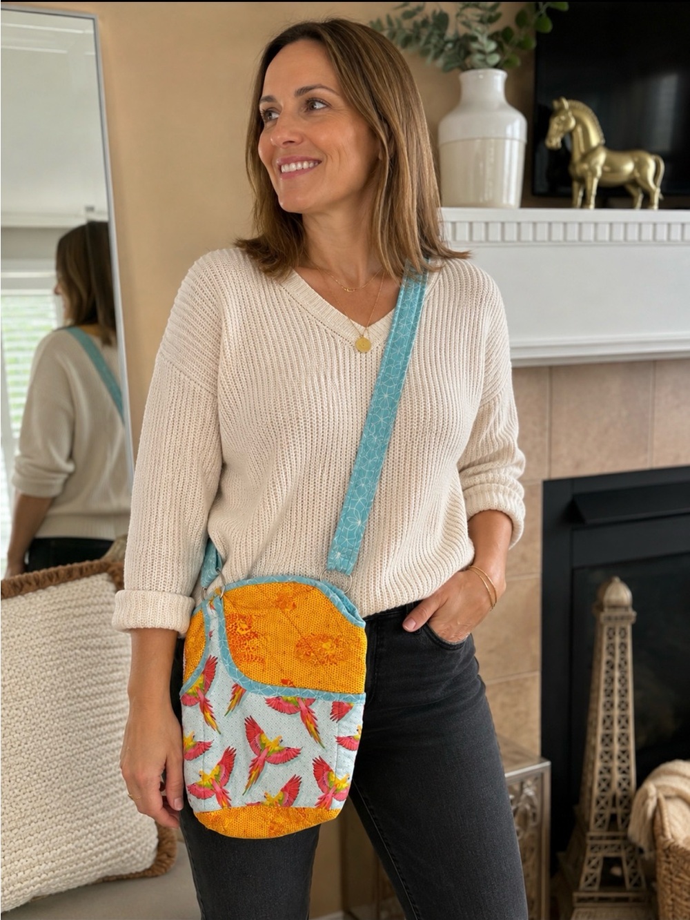 NEW handmade Parrot Print Shoulder Bag in Turquoise pink , yellow